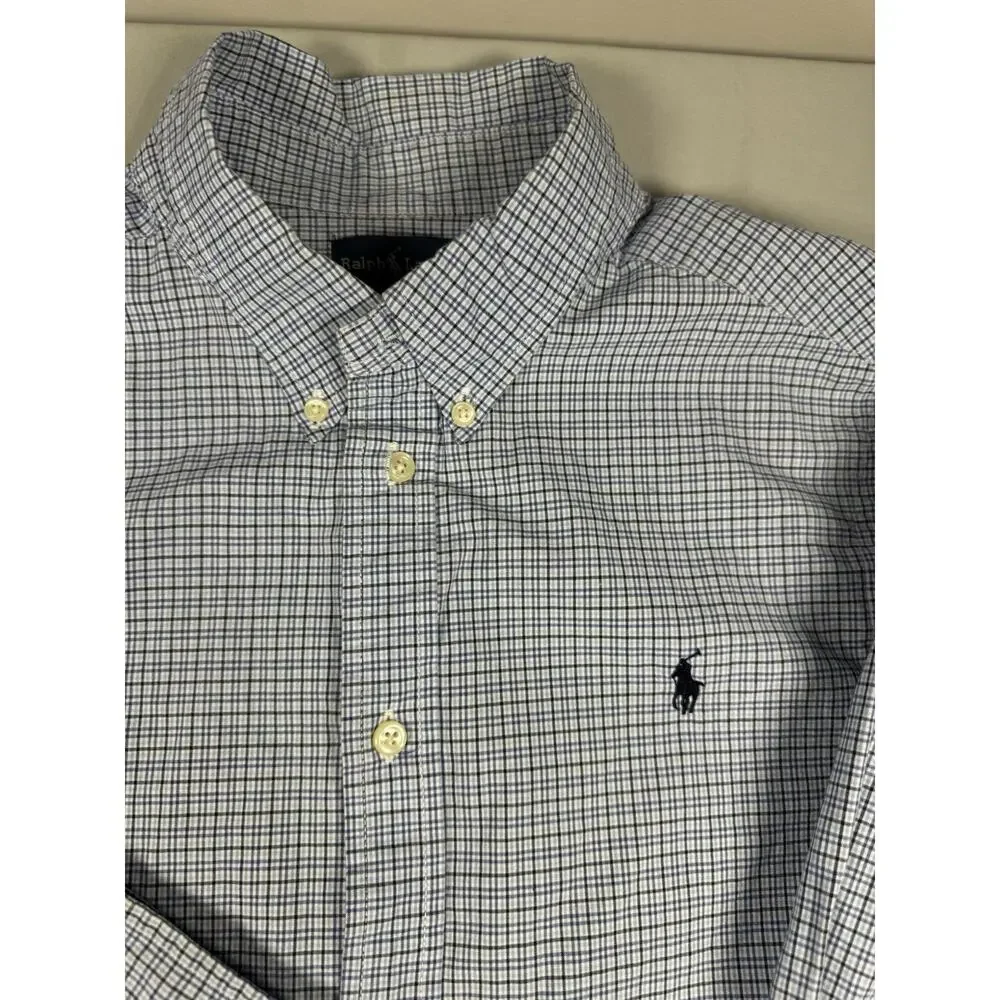 Ralph Lauren Youth XL 18-20 Blue Check Button Down Long Sleeve Shirt Cotton
